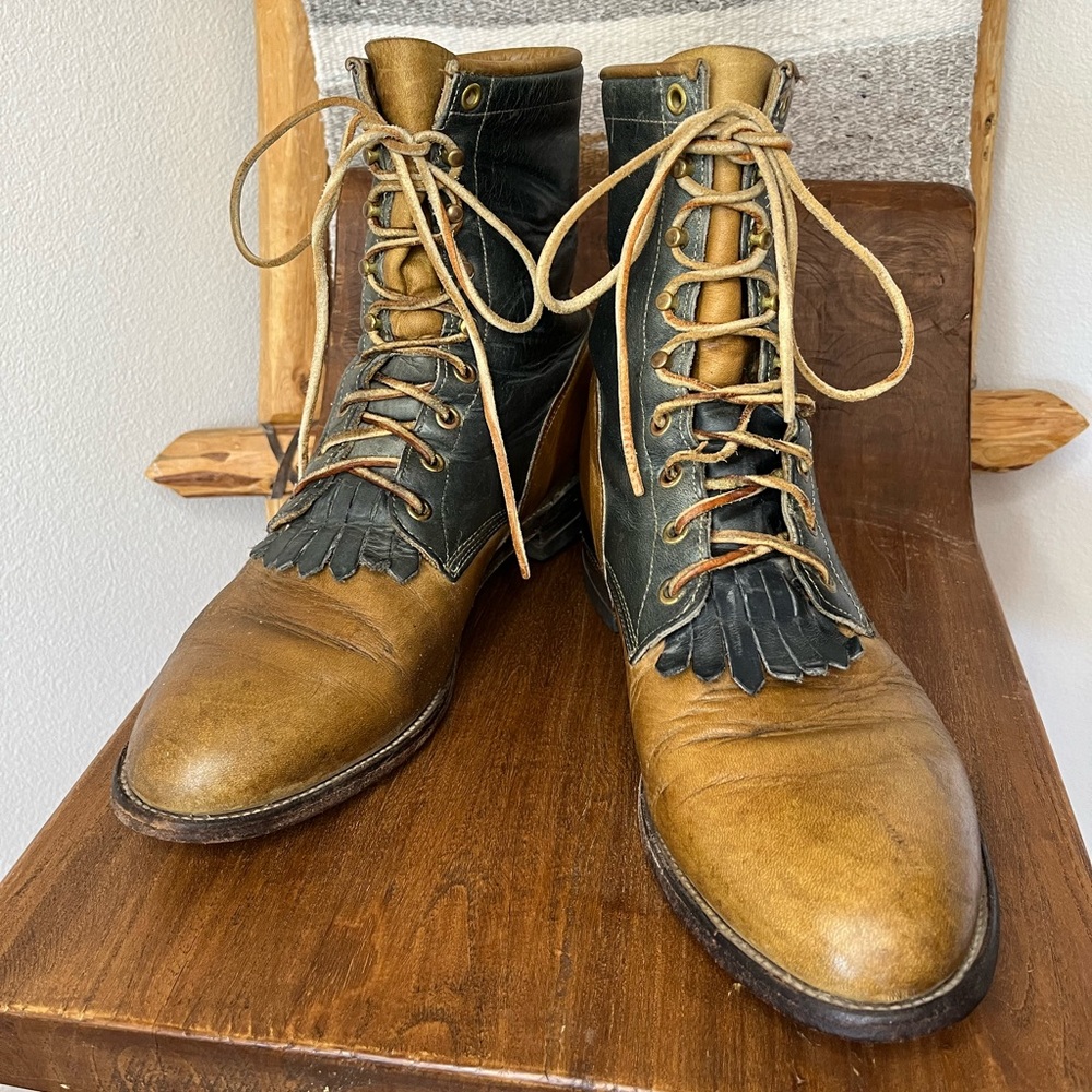 Vintage Women's Justin Roper Kiltie Navy Blue and Tan Boots